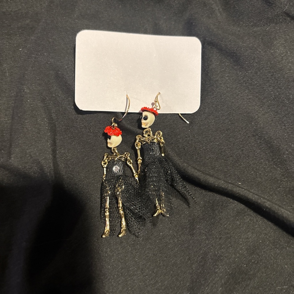 Skeleton Doll Drop Earrings with Red Flower Accent